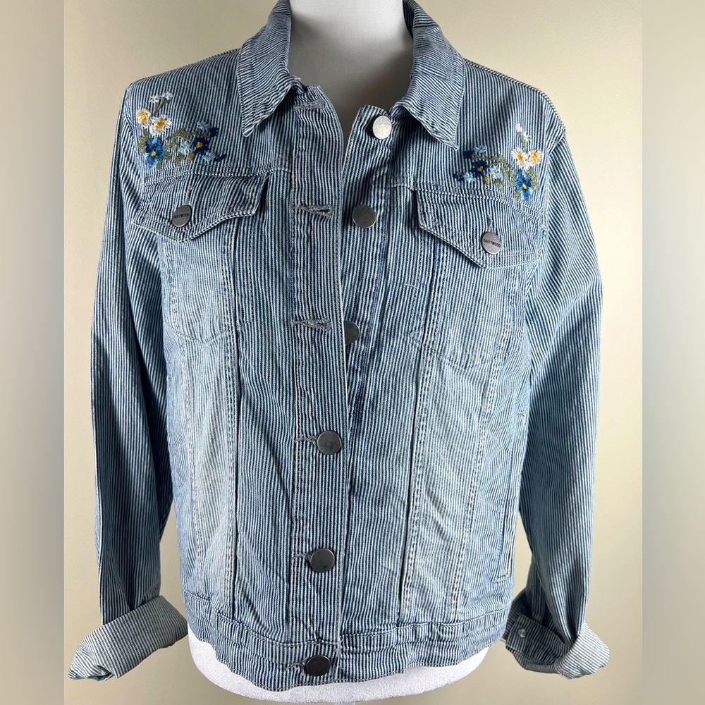 Driftwood Pinstripe Floral Embroidered Denim Jacket, Size XL, NWT